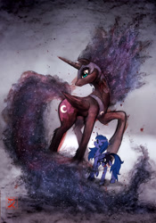 Size: 2100x3000 | Tagged: safe, artist:zetamad, imported from derpibooru, nightmare moon, princess luna, alicorn, pony, atg 2020, digital edit, ethereal mane, female, folded wings, helmet, hoof shoes, horn, mare, newbie artist training grounds, peytral, slit pupils, starry mane, traditional art, wings