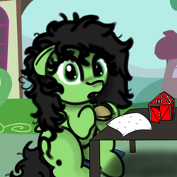 Size: 1200x1200 | Tagged: safe, artist:redcrow32, imported from twibooru, oc, oc only, oc:filly anon, pony, burger, chest fluff, female, filly, floppy ears, food, hay burger, image, large butt, looking at you, messy mane, png, solo