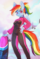 Size: 1461x2160 | Tagged: safe, artist:murfa, imported from derpibooru, rainbow dash, anthro, pegasus, clothes, outdoors, ponytail, snow, snowboard, winter, winter outfit