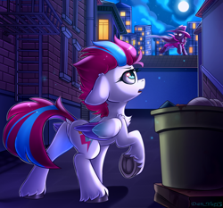 Size: 2536x2364 | Tagged: safe, artist:yuris, imported from derpibooru, mare do well, zipp storm, pegasus, pony, alley, brick wall, city, cityscape, commission, fanfic art, floppy ears, frog (hoof), g5, looking up, moon, night, open mouth, outdoors, perspective, solo, stairs, street, trash, trash can, underhoof, unshorn fetlocks, wall