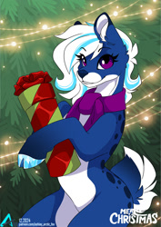 Size: 777x1098 | Tagged: safe, artist:arctic-fox, imported from derpibooru, oc, oc only, oc:snowy smarty, deer, christmas, christmas lights, christmas tree, clothes, deer oc, digital art, female, holiday, hooves, ice, looking at you, non-pony oc, present, scarf, smiling, smiling at you, solo, solo female, tail, tree