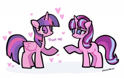 Size: 2048x1296 | Tagged: source needed, safe, artist:petaltwinkle, imported from derpibooru, starlight glimmer, twilight sparkle, alicorn, pony, unicorn, season 5, the cutie re-mark, crying, duo, duo female, female, forgiveness, horn, scene interpretation, talking, text, twilight sparkle (alicorn)