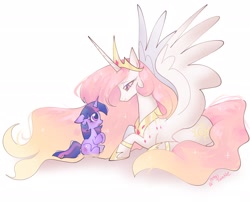 Size: 2048x1651 | Tagged: safe, artist:petaltwinkle, imported from derpibooru, princess celestia, twilight sparkle, alicorn, unicorn, alternate hairstyle, crown, female, filly, filly twilight sparkle, hooves together, horn, jewelry, looking at each other, looking at someone, momlestia, open mouth, peytral, regalia, simple background, sitting, smiling, spread wings, unicorn twilight, white background, wings, younger