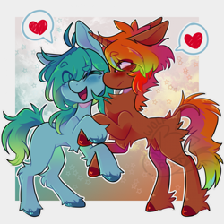 Size: 1919x1919 | Tagged: safe, artist:bwolfalien, imported from derpibooru, oc, oc only, earth pony, pony, unicorn, duo, heart, holding hooves, horn, one eye closed, open mouth, open smile, pictogram, rearing, smiling, unshorn fetlocks