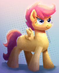 Size: 802x1000 | Tagged: safe, artist:mystobright sky, imported from derpibooru, scootaloo, pegasus, pony, determined, female, filly, foal, solo, standing, starry eyes, wingding eyes