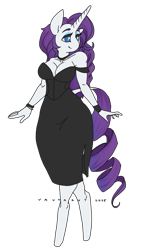 Size: 597x1013 | Tagged: safe, artist:vautaryt, imported from derpibooru, rarity, anthro, unguligrade anthro, unicorn, big breasts, black dress, breasts, cleavage, clothes, dress, female, horn, simple background, smiling, solo, transparent background