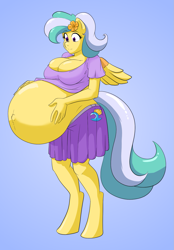 Size: 1049x1503 | Tagged: safe, artist:himitsudragon, imported from derpibooru, oc, oc only, oc:pacific breeze, anthro, unguligrade anthro, belly, belly button, big belly, clothes, flower, flower in hair, huge belly, looking at belly, outie belly button, pregnant, shirt, simple background, skirt, smiling