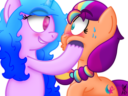 Size: 2160x1620 | Tagged: safe, artist:jesslmc16, imported from derpibooru, izzy moonbow, sunny starscout, earth pony, pony, unicorn, blushing, cutie mark, duo, duo female, female, g5, horn, lesbian, lidded eyes, looking at each other, looking at someone, mane stripe sunny, moonscout, shipping, signature, simple background, smiling, squishy, squishy cheeks, sweat, white background