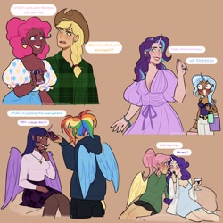 Size: 2048x2048 | Tagged: safe, artist:timelessclownry, imported from derpibooru, applejack, fluttershy, pinkie pie, rainbow dash, rarity, starlight glimmer, trixie, twilight sparkle, alicorn, human, bag, belt, blushing, bracelet, braid, cellphone, clothes, cowboy hat, dark skin, dress, ear piercing, earring, female, flannel, glass, hat, hoodie, humanized, jewelry, light skin, mane six, necklace, open mouth, painted nails, phone, piercing, ponytail, shopping bag, sitting, smartphone, smiling, speech bubble, standing, stetson, sweater, tanktop, turtleneck, twilight sparkle (alicorn), wine glass