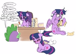 Size: 2048x1521 | Tagged: safe, artist:shagin_, imported from derpibooru, spike, twilight sparkle, alicorn, dragon, human, bags under eyes, ballpoint pen, blushing, book, brush, chair, coffee, coffee mug, desk, disembodied hand, duo, female, hand, hoof on head, korean, lying down, male, mare, mug, ponyloaf, prone, scroll, simple background, sitting, smiling, speech bubble, stressed, sweat, traditional art, twilight sparkle (alicorn), white background