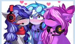 Size: 1699x1007 | Tagged: safe, artist:airiniblock, imported from derpibooru, oc, oc only, oc:cinnabyte, oc:lillybit, oc:skydrive, bow, clothes, headphones, headset, heart, kissing, scarf, shipping, sweater, trio