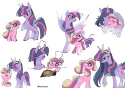 Size: 1199x848 | Tagged: safe, artist:petaltwinkle, imported from derpibooru, princess cadance, twilight sparkle, alicorn, pony, the last problem, age regression, bow, chef's hat, crown, cute, duo, eyes closed, fake horn, female, filly, filly cadance, foal, folded wings, food, hair bow, hat, height difference, hoof on chest, hoof shoes, hug, jewelry, mare, older, older twilight, older twilight sparkle (alicorn), one eye closed, open mouth, pancakes, peytral, ponytail, princess twilight 2.0, raised hoof, regalia, simple background, smiling, spatula, spread wings, standing, tongue out, twilight sparkle (alicorn), white background, wings, wink, younger