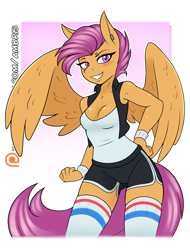 Size: 1890x2490 | Tagged: safe, artist:ambris, imported from derpibooru, scootaloo, anthro, pegasus, 2019, adorasexy, blushing, breasts, busty scootaloo, cleavage, clothes, confident, cute, digital art, ear piercing, eyebrow piercing, eyeshadow, female, hand on hip, high socks, legs, looking at you, makeup, old art, older, older scootaloo, open clothes, open shirt, patreon, patreon logo, piercing, reasonably sized breasts, sexy, shirt, shorts, smiling, socks, solo, sports shorts, sweatband, tail, tanktop, thigh highs, thighs, tomboy, vest, wings, wristband, zettai ryouiki