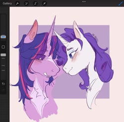 Size: 1596x1571 | Tagged: safe, artist:killektric, imported from derpibooru, rarity, twilight sparkle, unicorn, blushing, chest fluff, female, horn, lesbian, looking at each other, looking at someone, mare, passepartout, procreate app, rarilight, shipping, smiling