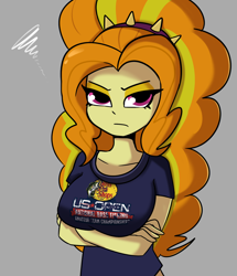 Size: 1292x1500 | Tagged: safe, artist:tjpones, imported from derpibooru, adagio dazzle, human, equestria girls, adagio dazzle is not amused, adoragio, angry, arm under breasts, bass pro shop, big breasts, breasts, busty adagio dazzle, clothes, cute, female, frown, furrowed brow, gray background, looking at you, madorable, shirt, simple background, solo, unamused