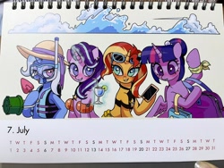 Size: 2048x1536 | Tagged: safe, artist:shagin_, imported from derpibooru, starlight glimmer, sunset shimmer, trixie, twilight sparkle, alicorn, pony, unicorn, bag, blushing, bucket, calendar, cellphone, clothes, drink, female, floaty, hat, horn, lifejacket, magic, mare, open mouth, phone, ponytail, pool toy, shovel, smartphone, smiling, snorkel, sunglasses, sunglasses on head, telekinesis, twilight sparkle (alicorn)