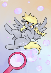 Size: 820x1180 | Tagged: safe, artist:anykoe, imported from derpibooru, derpy hooves, pegasus, pony, alternate hairstyle, bubble, bubble blower, cute, ear fluff, female, flying, looking at you, pigtails, signature, solo, spread wings, wings