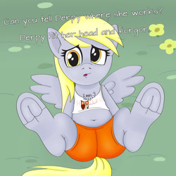 Size: 4000x4000 | Tagged: safe, artist:anonymousandrei, derpibooru exclusive, imported from derpibooru, derpy hooves, pegasus, pony, bubble butt, butt, chest fluff, clothes, confused, female, frog (hoof), hooters, hooves, hooves in air, i forgor, intentional spelling error, looking at you, looking up, looking up at you, mare, on ground, plot, shorts, solo, spread legs, spreading, talking to viewer, tanktop, underhoof