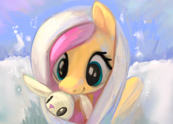 Size: 2301x1644 | Tagged: safe, artist:mandumustbasukanemen, imported from derpibooru, angel bunny, fluttershy, pegasus, pony, clothes, female, hoodie, mare, outdoors, snow, solo