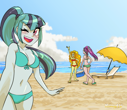 Size: 2292x1982 | Tagged: safe, artist:rileyav, artist:rileyav-moving, imported from derpibooru, adagio dazzle, aria blaze, sonata dusk, human, equestria girls, armpits, ass, beach, beach chair, beach umbrella, belly, belly button, bikini, blue swimsuit, blushing, breasts, butt, chair, clothes, cloud, cooler, cute, female, green swimsuit, hand on hip, heel pop, legs together, one eye closed, open mouth, red swimsuit, sand, sandals, selfie, side-tie bikini, sky, sonatabetes, string bikini, sunglasses, swimsuit, the dazzlings, trio, umbrella, water, wink