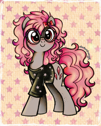 Size: 2329x2897 | Tagged: safe, artist:dariarchangel, imported from derpibooru, oc, oc only, oc:krista pebble, earth pony, pony, adorable face, black clothes, black t-shirt, blushing, bow, c:, clothes, curly hair, curly mane, curly tail, cute, cute face, cute smile, earth pony oc, female, female oc, freckles, glasses, gray coat, hair accessory, hair bow, hoof freckles, leg freckles, looking at you, mare, mare oc, ocbetes, patterned background, pink hair, pink mane, pink tail, pony oc, red eyes, round glasses, shirt, smiling, standing, stars, t-shirt, tail, too cute, traditional art