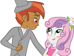 Size: 1280x957 | Tagged: safe, artist:songpenseranademlp, imported from derpibooru, button mash, sweetie belle, human, equestria girls, base used, blushing, buttonbetes, clothes, cute, diasweetes, duo, equestria girls-ified, fall formal outfits, female, flower, flower in hair, hat, humanized, looking at each other, looking at someone, male, open mouth, open smile, shipping, smiling, smiling at each other, straight, suit, sweetiemash, top hat