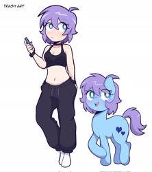 Size: 1821x2048 | Tagged: safe, artist:eltrash_art6, imported from derpibooru, oc, oc only, earth pony, human, pony, belly, belly button, bra, cellphone, clothes, crop top bra, cute, female, human ponidox, humanized, humanized oc, mare, midriff, open mouth, pants, phone, self paradox, self ponidox, simple background, smartphone, socks, solo, sweatpants, underwear, white background