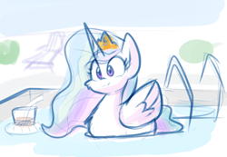 Size: 1250x863 | Tagged: safe, artist:zutcha, imported from derpibooru, princess celestia, alicorn, pony, behaving like a bird, behaving like a duck, cheek fluff, cute, cutelestia, drink, ducklestia, female, mare, pegaduck, smiling, solo, swanlestia, swimming pool