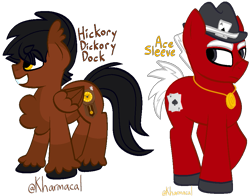 Size: 923x725 | Tagged: safe, artist:kharmacal, imported from derpibooru, oc, oc only, oc:ace sleeve, oc:hickory dickory dock, earth pony, pegasus, pony, caption, chest fluff, duo, ear fluff, eyebrows, folded wings, grin, hat, image macro, jewelry, looking offscreen, necklace, simple background, smiling, text, transparent background, unshorn fetlocks, wings