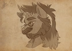 Size: 2048x1448 | Tagged: safe, artist:haruh_ink, imported from derpibooru, oc, oc:macchiato, unicorn, bust, facial hair, glasses, horn, monochrome, mullet, older, patreon, patreon reward, side view