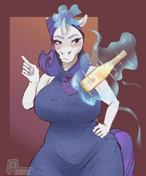 Size: 1752x2103 | Tagged: safe, artist:askaram, imported from derpibooru, rarity, anthro, unicorn, alcohol, big breasts, blush lines, blushing, bottle, breasts, busty rarity, champagne, clothes, dress, female, frown, glowing, glowing horn, hand on hip, hoers, horn, huge breasts, levitation, magic, mare, solo, telekinesis, wide hips, wine, wine bottle