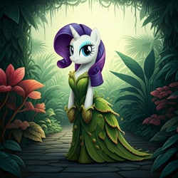 Size: 1024x1024 | Tagged: safe, generator:nightcafe ai, imported from twibooru, rarity, ai content, ai generated, clothes, dress, generator:google imagen 3.0, image, needs more jpeg, venus flytrap