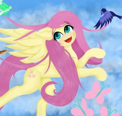 Size: 1024x974 | Tagged: safe, artist:yenne_sistint, imported from derpibooru, fluttershy, bird, pegasus, pony, cute, female, happy, looking up, mare, open mouth, shyabetes, sky, smiling, spread wings, wings