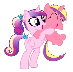 Size: 738x734 | Tagged: safe, artist:lovelyheart1998, imported from derpibooru, princess cadance, princess skyla, alicorn, pony, ^^, bow, cute, cutedance, daaaaaaaaaaaw, duo, eyes closed, female, filly, foal, hair bow, lifting, mare, mother and child, mother and daughter, open mouth, open smile, skylabetes, smiling, wholesome