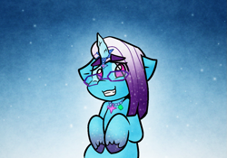 Size: 1223x856 | Tagged: safe, alternate version, artist:zutcha, imported from derpibooru, pony, unicorn, auroricorn, comet (g5), cometbetes, cute, eye clipping through hair, eyebrows, eyebrows visible through hair, floppy ears, g5, glasses, gradient background, grin, horn, jewelry, looking at you, male, necklace, smiling, smiling at you, snow, snowfall, solo, stallion, unshorn fetlocks