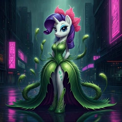 Size: 1024x1024 | Tagged: safe, generator:nightcafe ai, imported from twibooru, rarity, ai content, ai generated, clothes, dress, generator:google imagen 3.0, image, needs more jpeg, venus flytrap