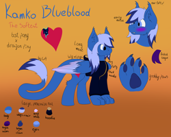 Size: 5000x4000 | Tagged: safe, artist:thekamko, derpibooru exclusive, imported from derpibooru, oc, oc only, oc:kamko blueblood, bat pony, dracony, dragon, hybrid, pony, blushing, clothes, ear tufts, forked tongue, heart, hoodie, leonine tail, long hair, paw pads, paws, reference sheet, simple background, tail, wings