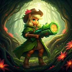 Size: 1024x1024 | Tagged: safe, generator:nightcafe ai, imported from twibooru, applejack, ai content, ai generated, generator:google imagen 3.0, gun, image, mage, needs more jpeg, plant, weapon