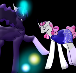 Size: 3962x3776 | Tagged: safe, artist:earth.loser, imported from derpibooru, star swirl the bearded, alicorn, unicorn, black sclera, cloak, clothes, flowing mane, glowing, glowing horn, horn, magic, pink mane, pink tail, prophecy, starswirl's mentor, sun, tail, wavy mane