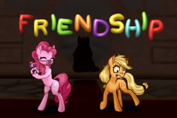 Size: 3240x2160 | Tagged: safe, artist:zetamad, imported from derpibooru, applejack, pinkie pie, earth pony, pony, atg 2020, bipedal, derp, eyes closed, female, friendship, mare, mask, merchandise, mortal kombat, newbie artist training grounds, tongue out, wavy mouth