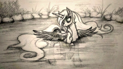 Size: 1600x900 | Tagged: safe, artist:zetamad, imported from derpibooru, princess luna, alicorn, pony, female, horn, lake, mare, outdoors, partially submerged, solo, spread wings, traditional art, water, wings