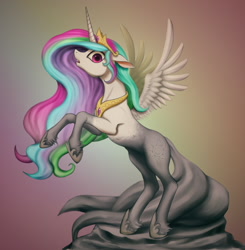 Size: 1605x1638 | Tagged: safe, artist:zetamad, imported from derpibooru, princess celestia, alicorn, pony, atg 2021, crown, female, floppy ears, gradient background, hoof shoes, horn, jewelry, looking at you, mare, newbie artist training grounds, petrification, peytral, princess shoes, regalia, solo, spread wings, statue, stone, tiara, transformation, wings