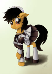 Size: 1280x1800 | Tagged: safe, artist:zetamad, imported from derpibooru, oc, oc only, earth pony, pony, blushing, clothes, crossdressing, ear piercing, earring, horseshoes, jewelry, maid, male, piercing, solo, stallion