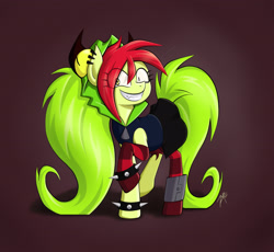 Size: 2906x2672 | Tagged: safe, artist:zetamad, imported from derpibooru, pony, clothes, demencia, grin, ponified, raised hoof, smiling, solo, spiked wristband, villainous, wristband