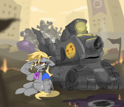 Size: 2300x2000 | Tagged: safe, artist:madiwann, imported from derpibooru, derpy hooves, tank, pegasus, pony, fire, flag, implied starlight glimmer, metal slug, war