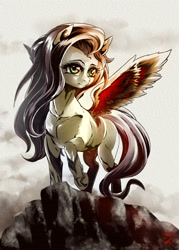 Size: 2000x2800 | Tagged: safe, artist:zetamad, imported from derpibooru, fluttershy, pegasus, pony, cliff, female, mare, raised hoof, solo, spread wings, standing, three quarter view, turned head, wings