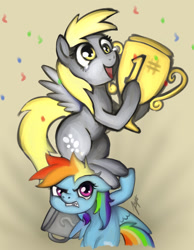 Size: 1400x1800 | Tagged: safe, artist:zetamad, imported from derpibooru, derpy hooves, rainbow dash, pegasus, pony, confetti, crying, duo, duo female, female, mare, open mouth, open smile, smiling, spread wings, tears of joy, trophy, wings