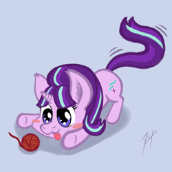 Size: 1300x1300 | Tagged: safe, artist:zetamad, imported from derpibooru, starlight glimmer, pony, unicorn, :3, :p, behaving like a cat, blushing, cute, eyes on the prize, female, glimmerbetes, horn, mare, smiling, solo, tongue out, yarn, yarn ball