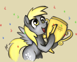 Size: 1500x1200 | Tagged: safe, artist:zetamad, imported from derpibooru, derpy hooves, pegasus, pony, atg 2019, confetti, crying, female, mare, newbie artist training grounds, open mouth, open smile, simple background, smiling, solo, spread wings, tears of joy, teary eyes, trophy, wings, yellow background