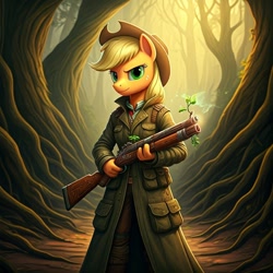 Size: 1024x1024 | Tagged: safe, generator:nightcafe ai, imported from twibooru, applejack, ai content, ai generated, generator:google imagen 3.0, gun, image, mage, needs more jpeg, plant, weapon